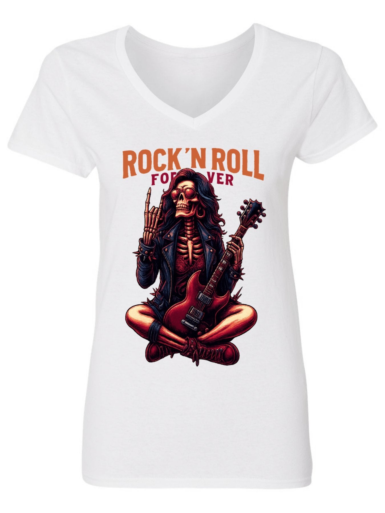 V-neck Women's Cotton T-shirt ROCK ROLL FOREVER