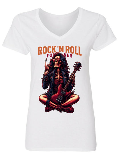 V-neck Women's Cotton T-shirt ROCK ROLL FOREVER