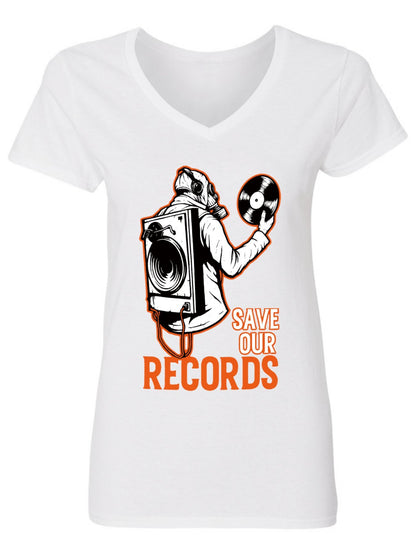 V-neck Women's Cotton T-shirt SAVE OUR RECORDS