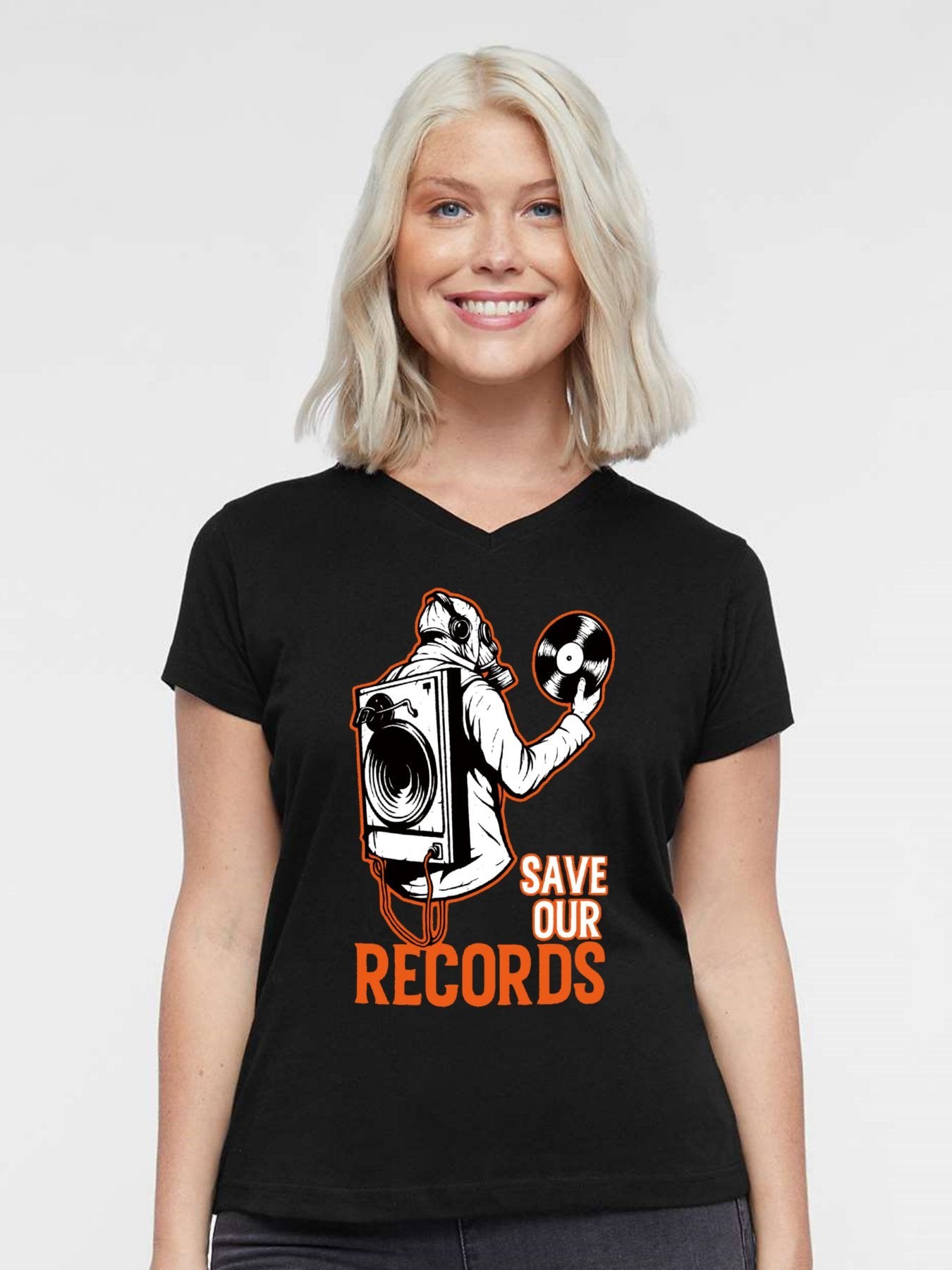 V-neck Women's Cotton T-shirt SAVE OUR RECORDS