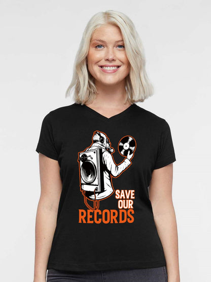 V-neck Women's Cotton T-shirt SAVE OUR RECORDS