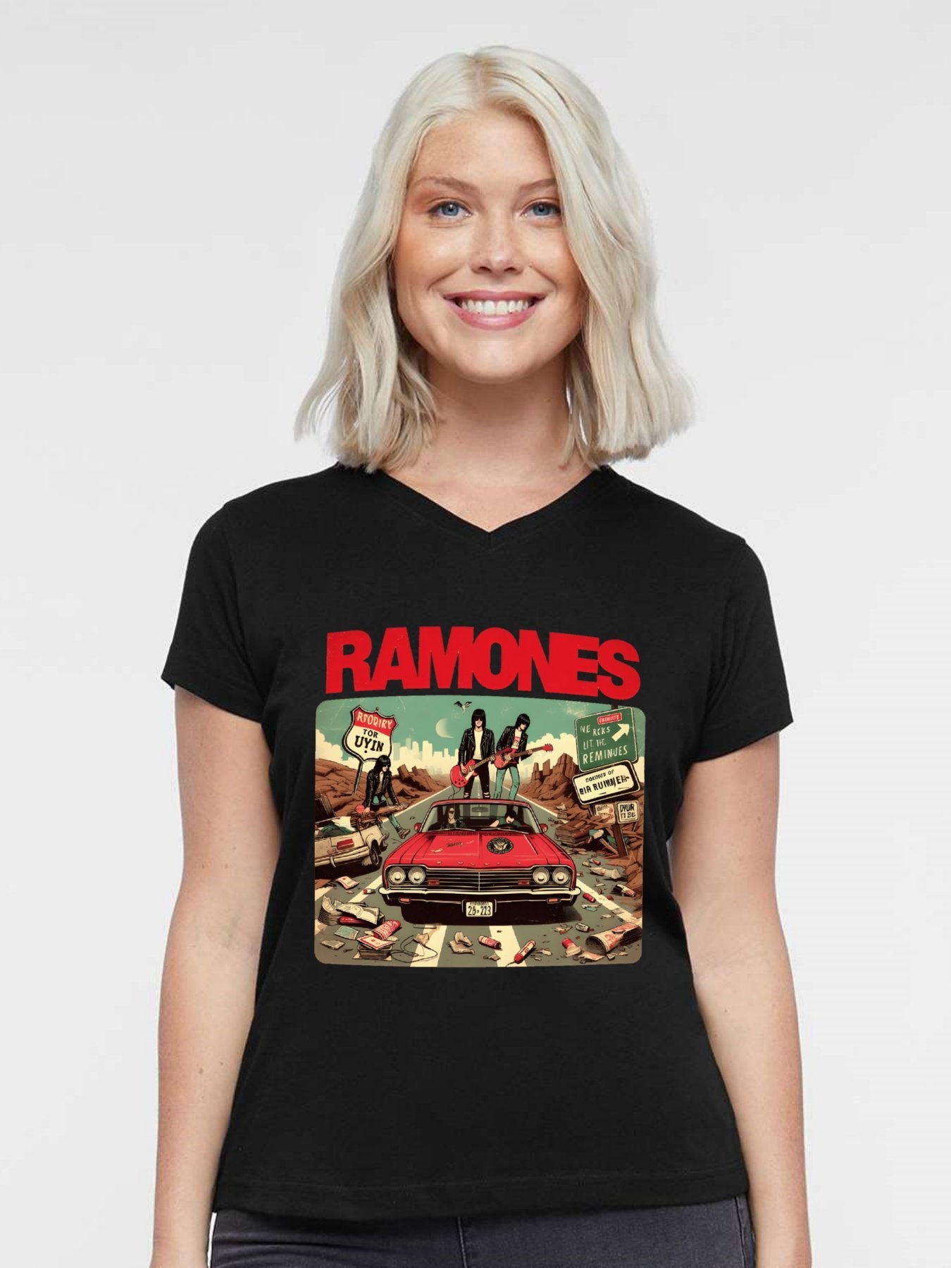 V-neck Women's Cotton T-shirt RAMONES4