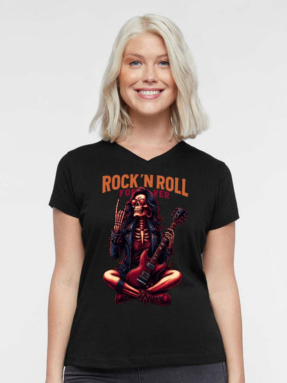 V-neck Women's Cotton T-shirt ROCK ROLL FOREVER
