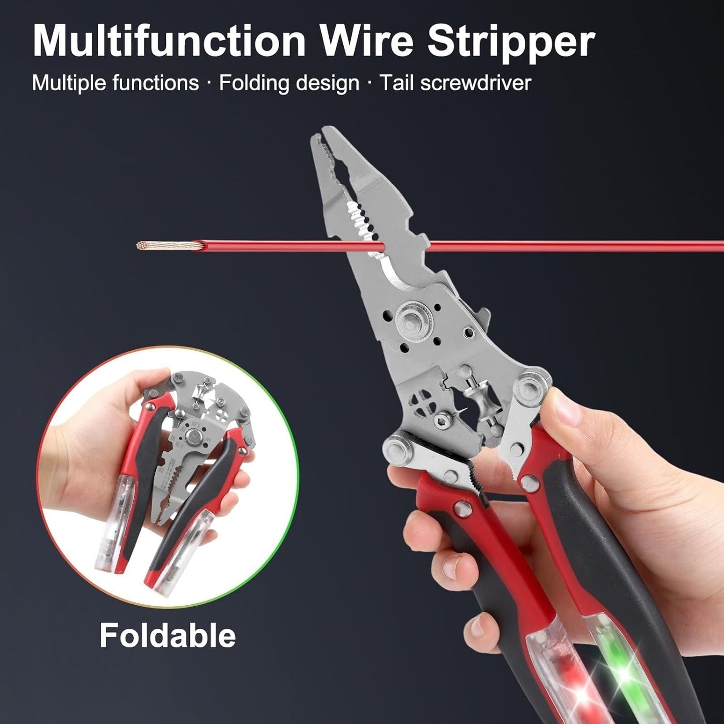 Multifunctional Wire Stripper with Electrical Testing 11-IN-1 Wire Stripping Tool for Electrical Repair & DIY (Black & Red)