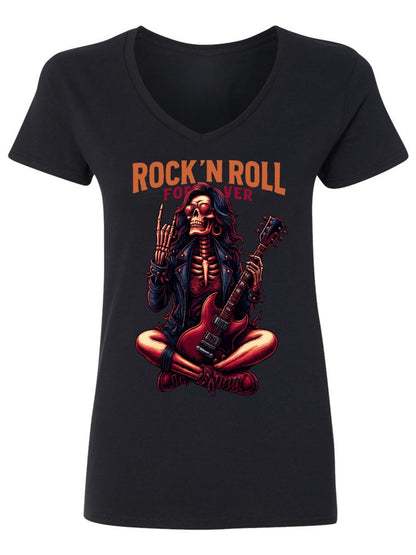 V-neck Women's Cotton T-shirt ROCK ROLL FOREVER