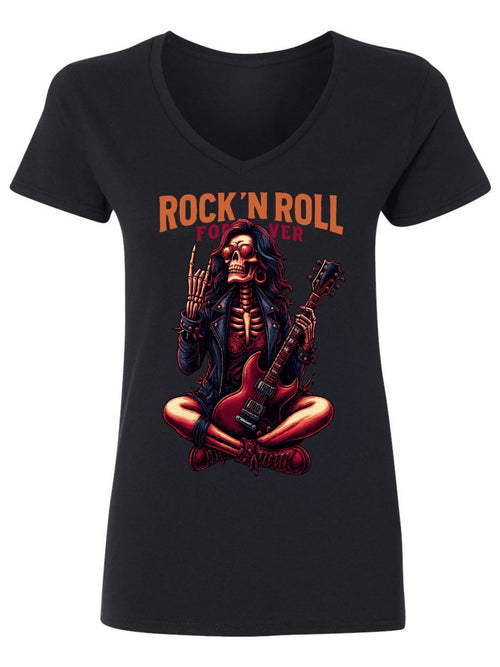 V-neck Women's Cotton T-shirt ROCK ROLL FOREVER