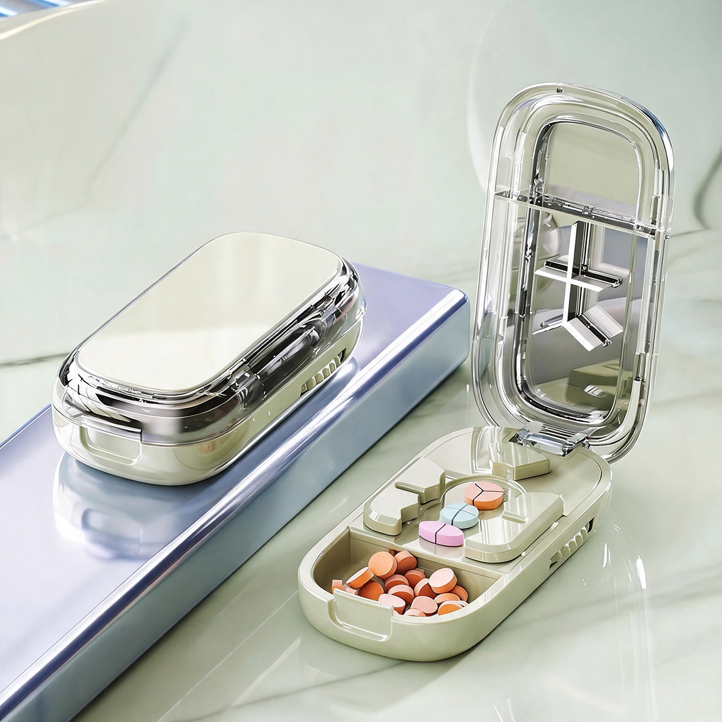 Upgrade-Designed Compact Pill Splitter Box-3-in-1 Medicine Cutter for 1/4 1/2 & 1/3 Doses