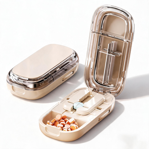 Upgrade-Designed Compact Pill Splitter Box-3-in-1 Medicine Cutter for 1/4 1/2 & 1/3 Doses